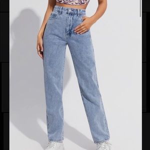 High Waist Slant Pocket Straight Jeans